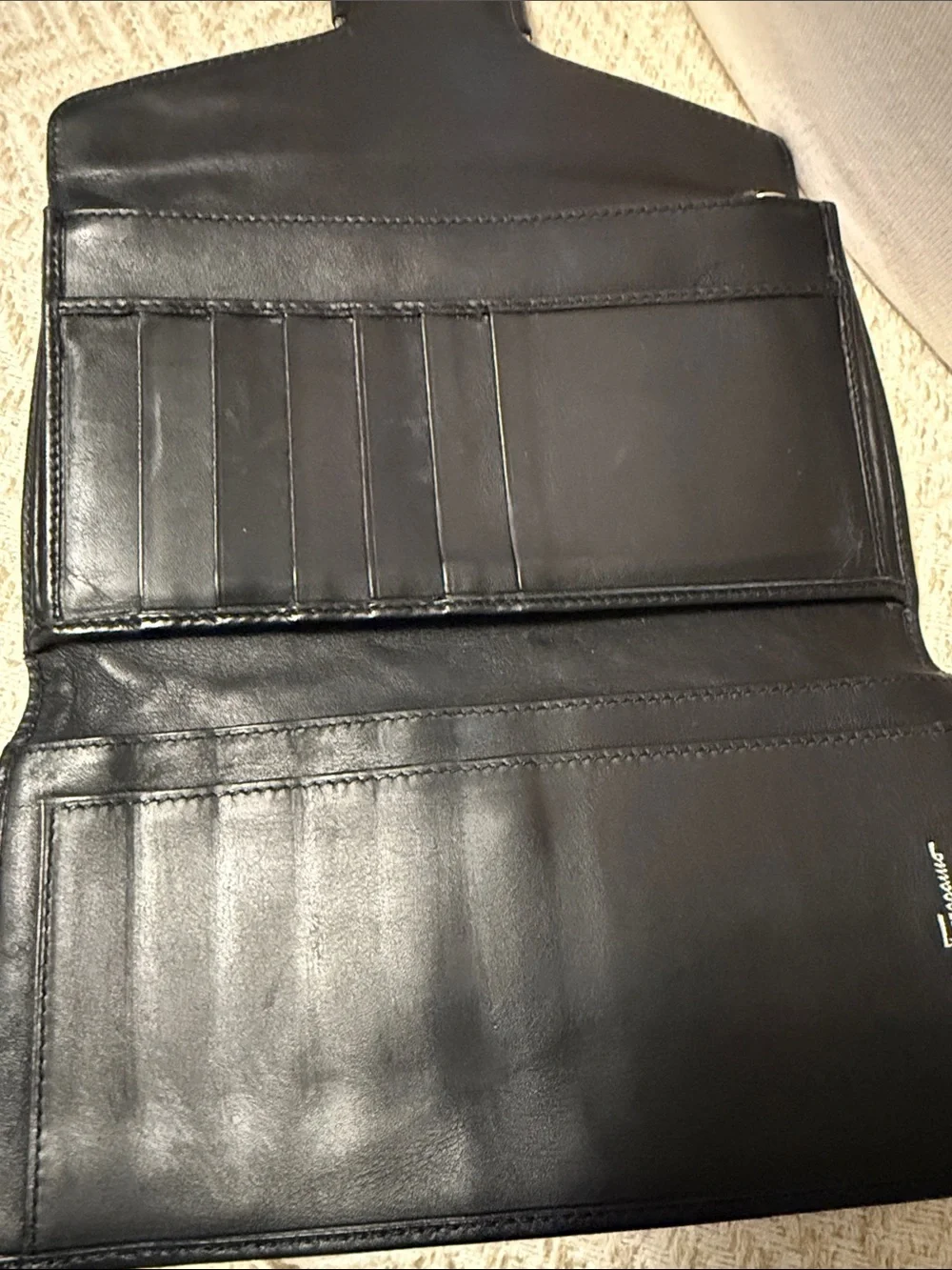 Salvatore Ferragamo Black Nylon Leather Tri Fold Wallet Clutch Vintage